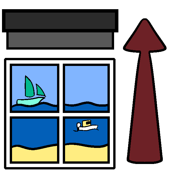 A window with raised blinds and an arrow pointing upwards to the right of it. Outside is a beach with a sailboat and a motor boat.